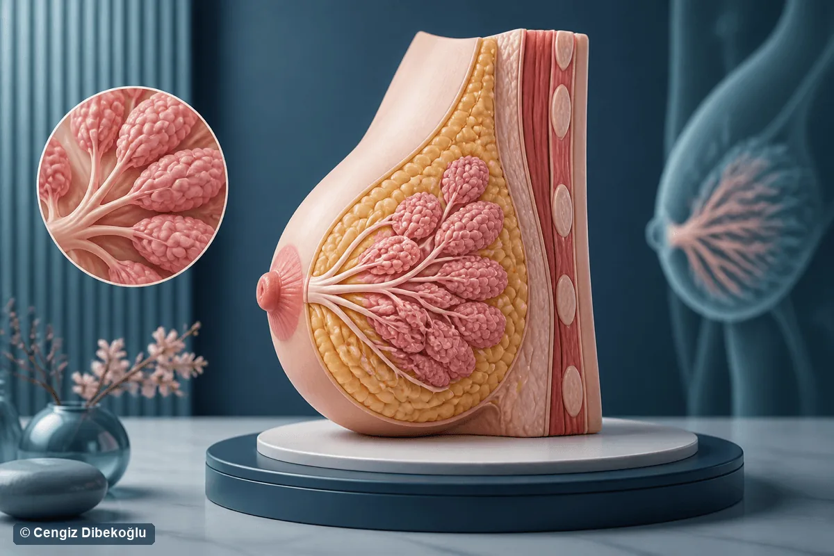 3D şema: meme kisti, kanser tanısı, biyopsi ve cerrahi-onkolojik tedavi adımları